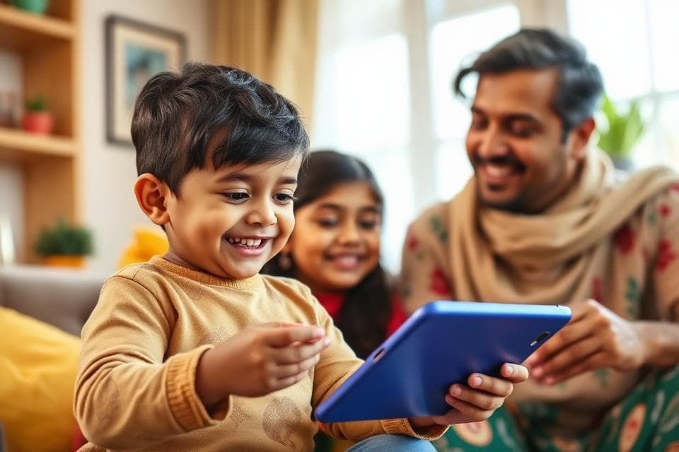Happy child learning with parents using Sarya app